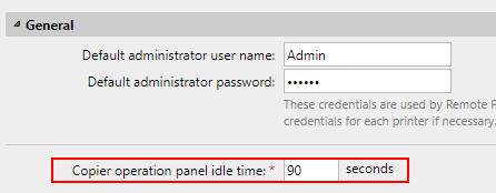 Copier operation panel idle time setting on the MyQ web UI