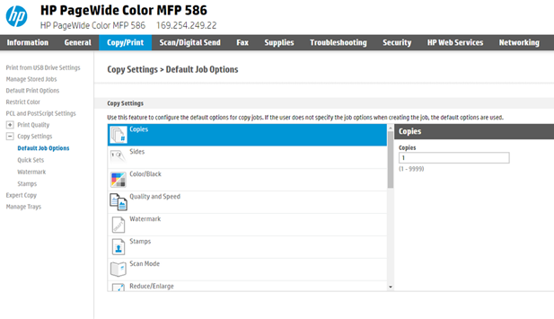HP Web UI - Setting default Easy Copy settings