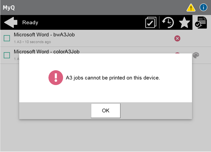 A3 jobs cannot be printed on this device error