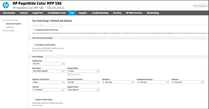 Fax parameters setup on the device web UI