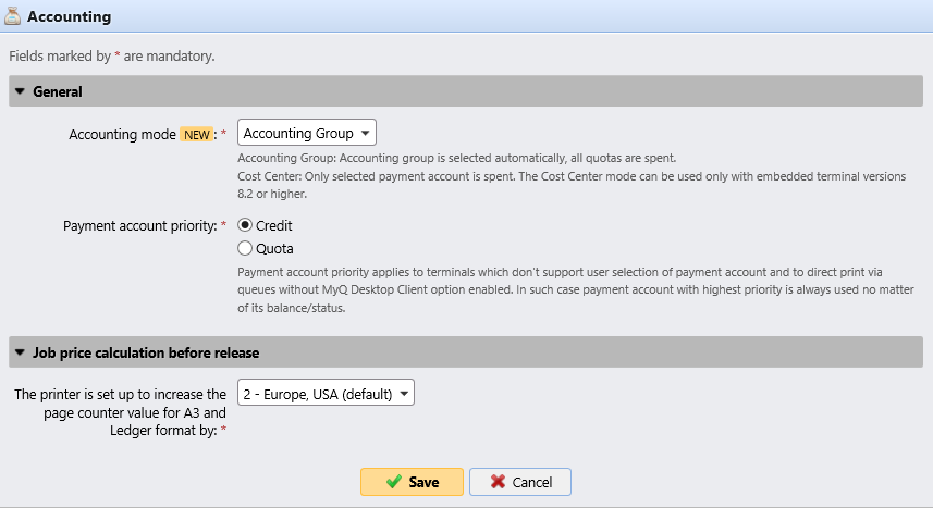 Accounting settings on the MyQ web UI