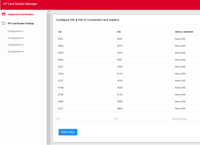 Card Readers settings