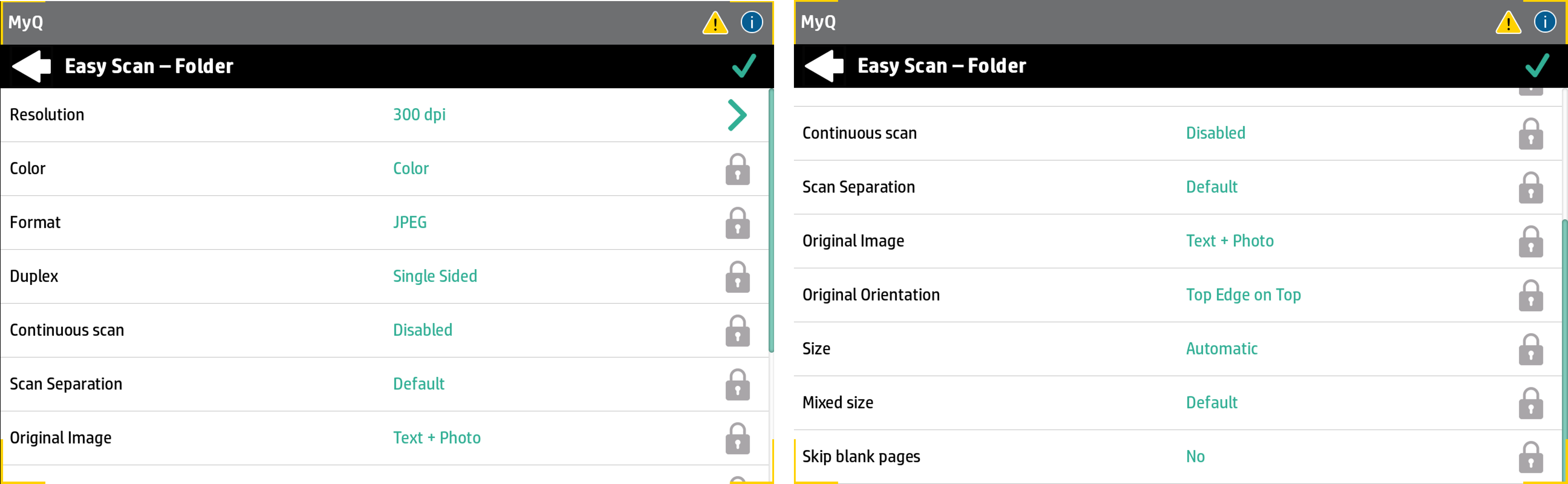 Easy Scan parameters on the terminal taken from the device defaults