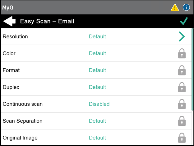 Easy Scan changing options on the terminal