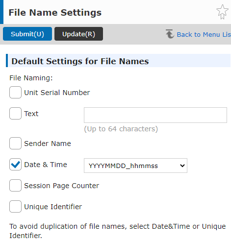 File name settings on the modern device web UI