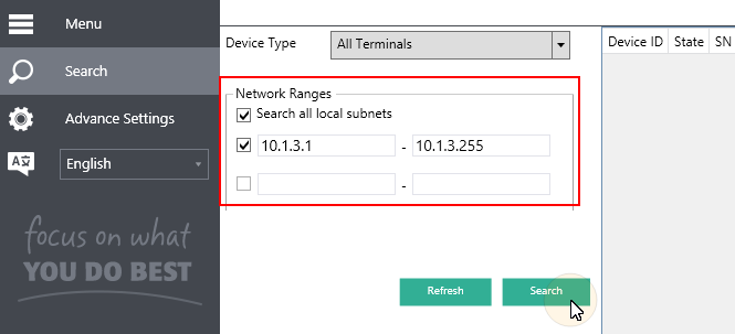 Searching for the terminal in MyQ Terminal Manager