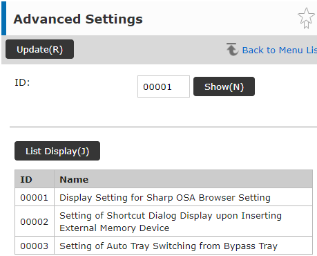 Advanced settings - display IDs list