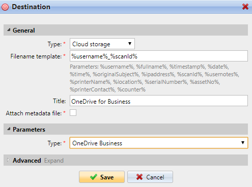 Setting the OneDrive for Business destination