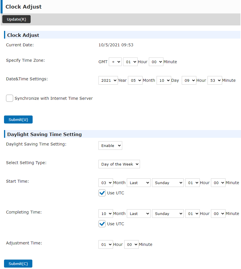 Time settings on the modern device web UI