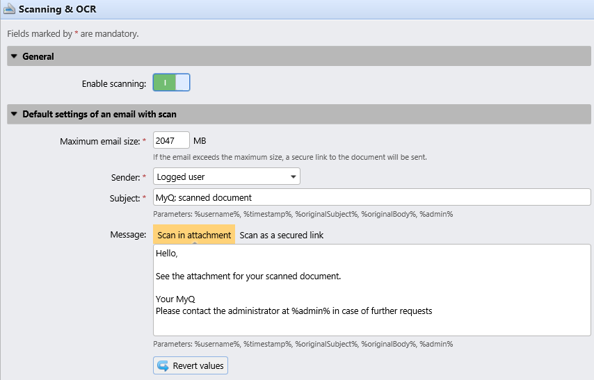 Scanning settings on the MyQ web UI