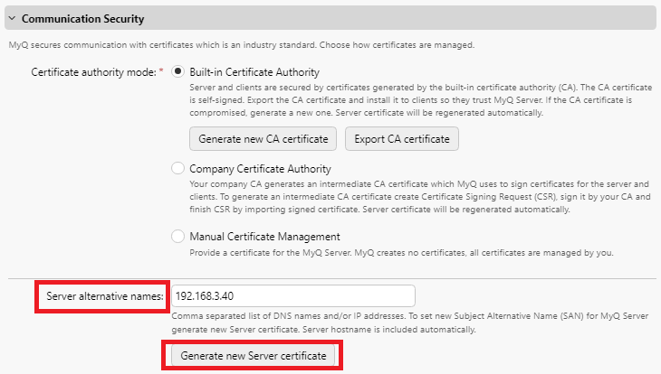 Adding a Server alternative name and generating a new server certificate