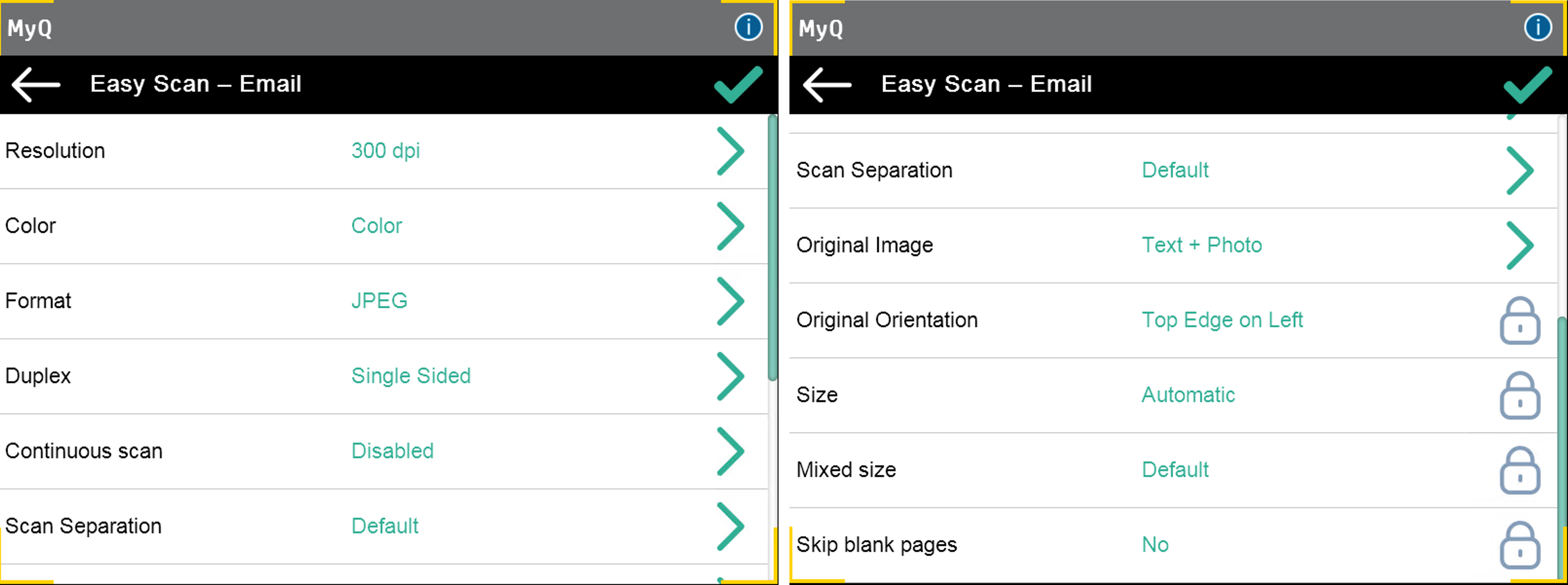 Easy Scan parameters on the terminal taken from the device defaults