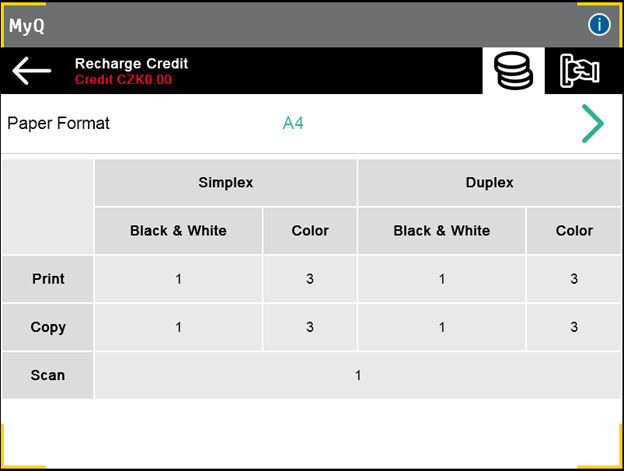 Prices on the recharge credit screen