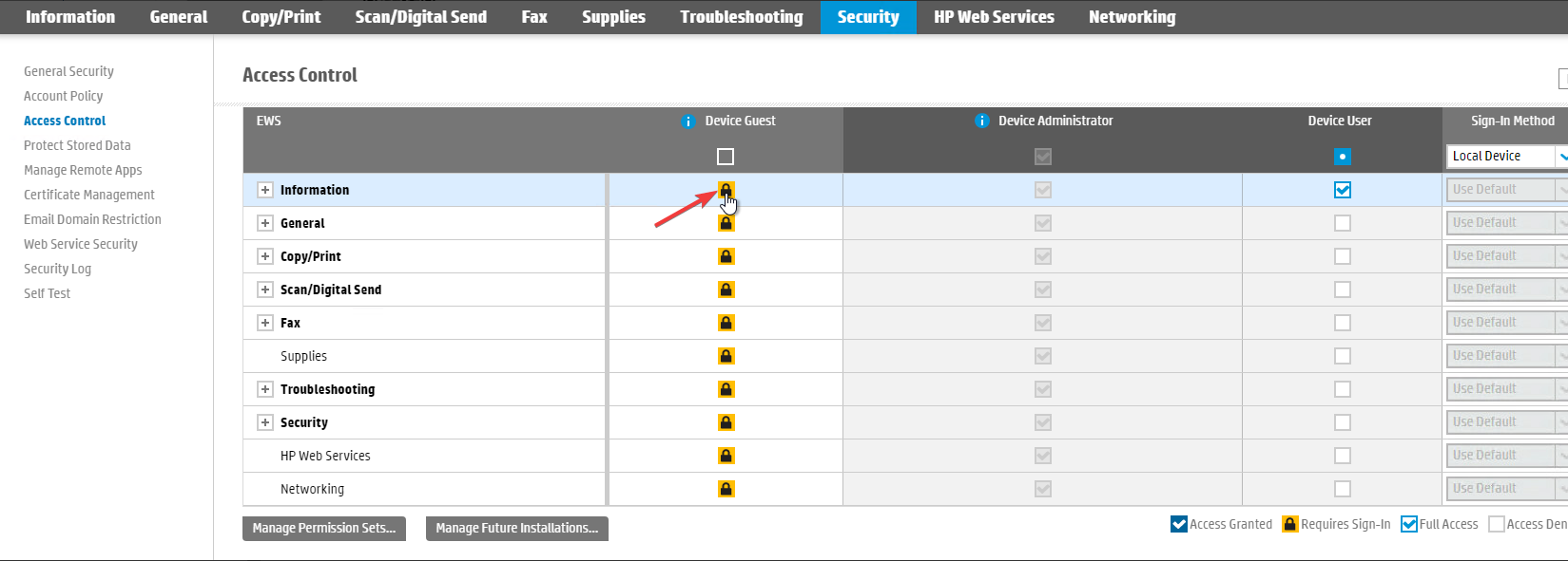 Blocking unauthorized access on the HP web UI