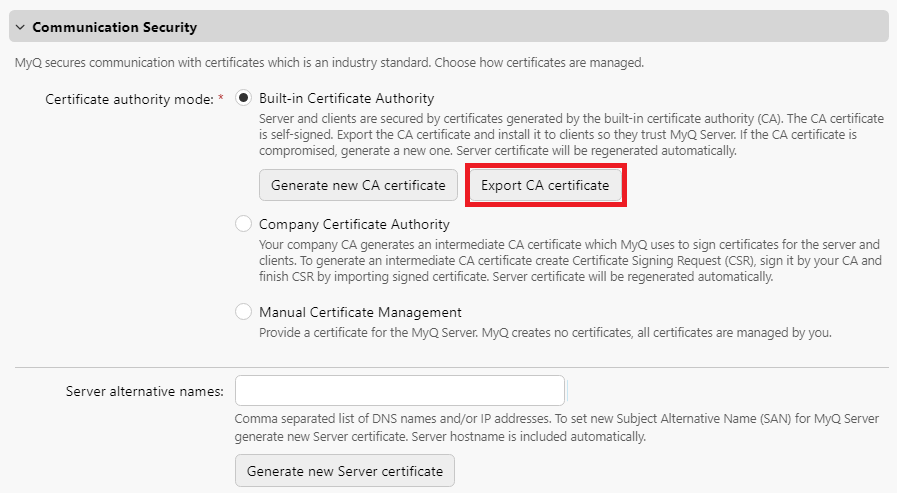 Exporting CA certificate on the MyQ web UI