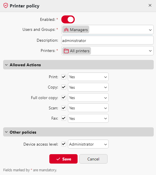 Printer Policy settings