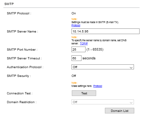 SMTP settings on the device web UI