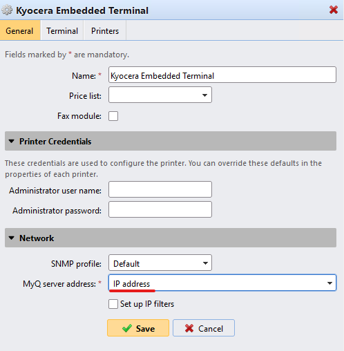 Setting IP address as the MyQ server address