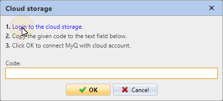 MyQ Web UI, Login to the cloud storage window