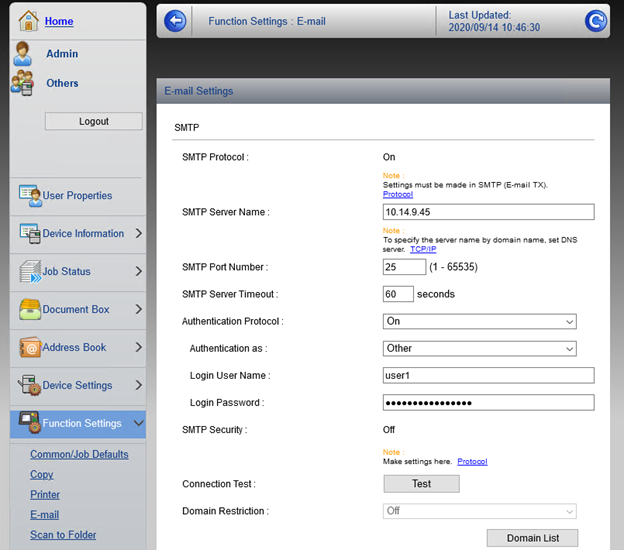 SMTP setting in the device web UI