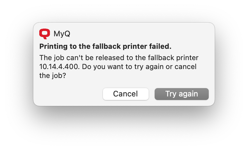 Printing to the fallback printer failed message