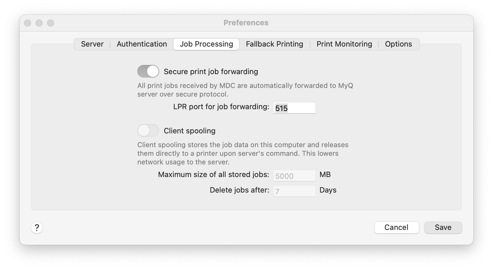 Job Processing tab settings