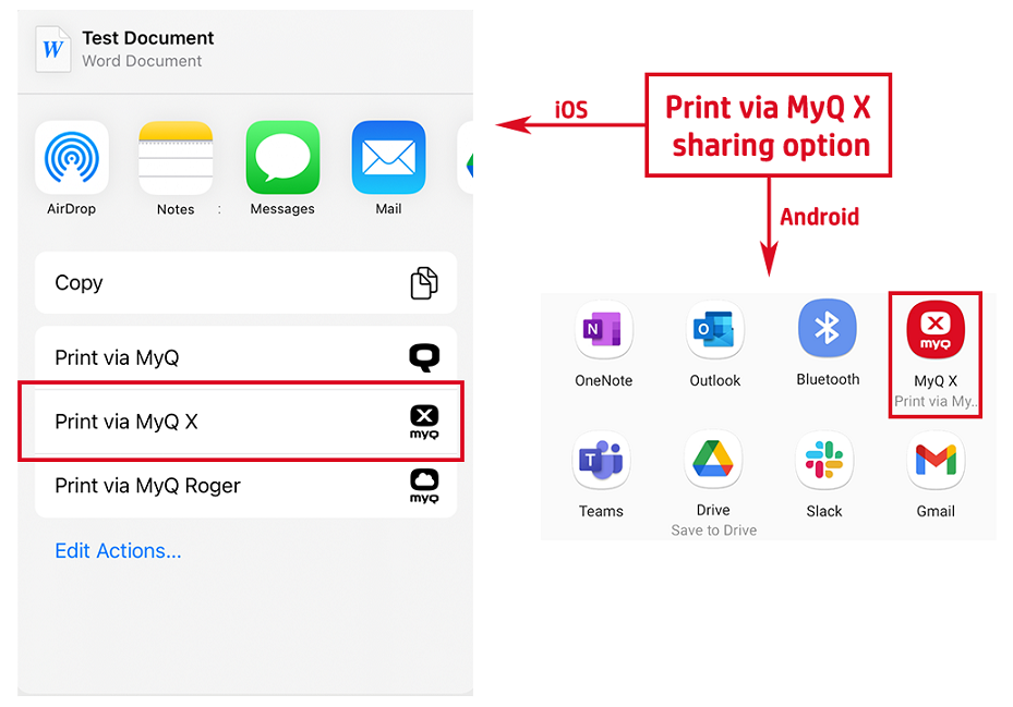 Print via MyQ X sharing option on iOS and Android