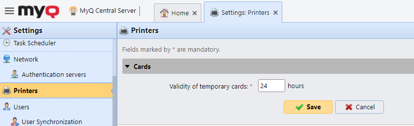 Printers settings tab
