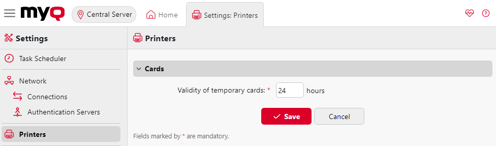 Printers settings tab