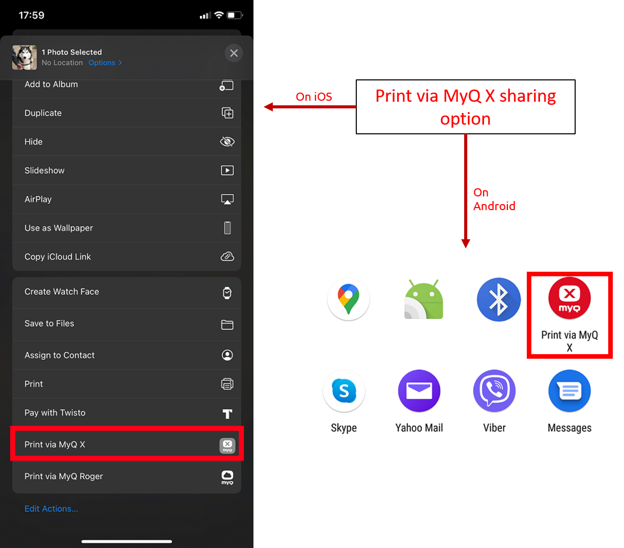 Print via MyQ X sharing option on iOS and Android