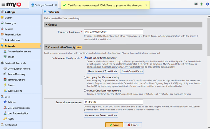 Changes saved in communication security settings