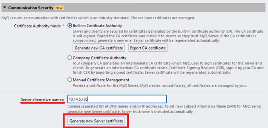 Communication security settings