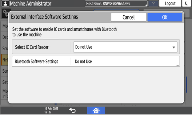 Admin menu externa interface software settings