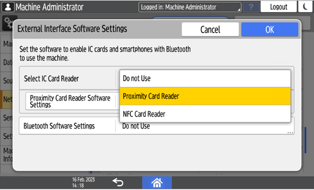 Admin menu, selecting proximity card reader