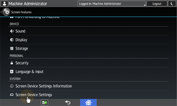 Screen device settings on the admin menu