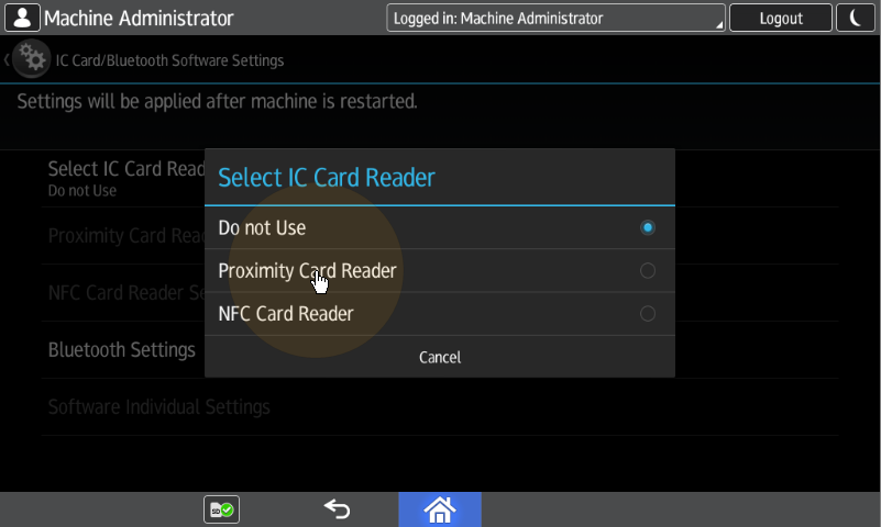 Selecting the Proximity Card Reader setting