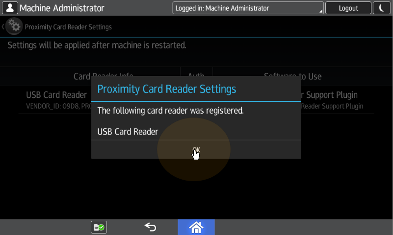 Card Reader registered message