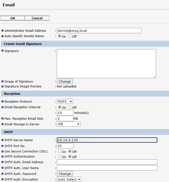 Settings on the device's web UI