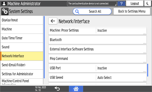 Admin menu network-interface settings