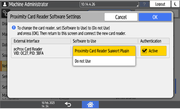 Select do not use on proximity card reader software settings