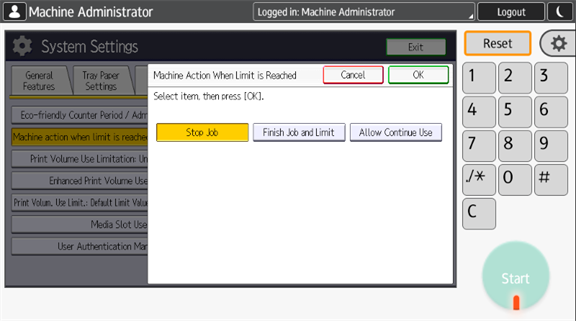 Machine Action When Limit is Reached - Stop Job option