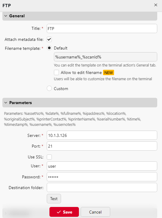 FTP destination settings