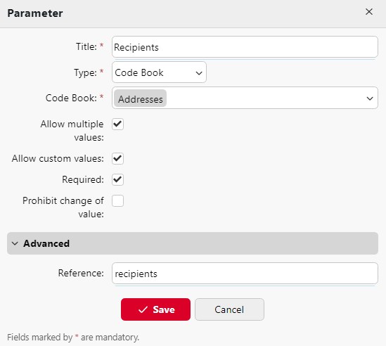 External Code Book custom parameter example settings