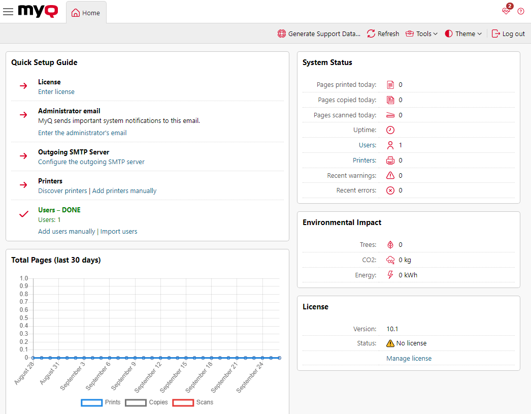 MyQ web UI - Home dashboard