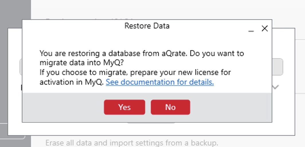 Restore Data confirmation dialogue