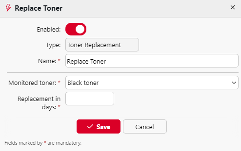 Toner Replacement event example