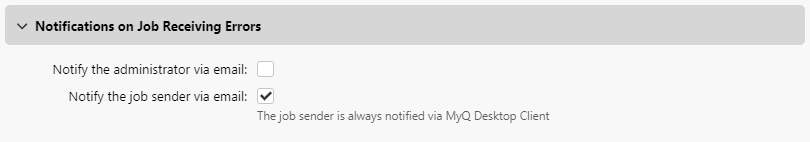 Notifications on job receiving errors settings