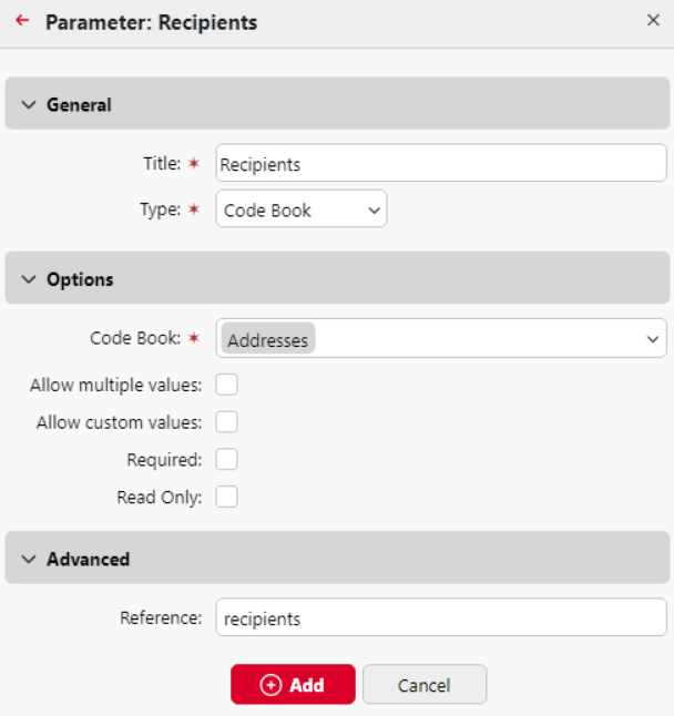 External Code Book custom parameter example settings