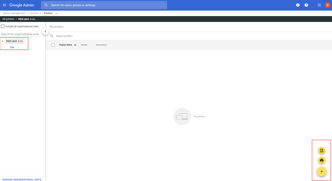 Google Admin Console - Select organizational units and add new printers
