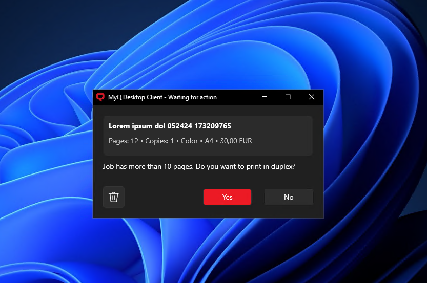 MyQ Desktop Client - Job has more than 10 pages. Do you want to print in duplex - dialogue